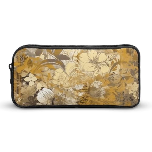 Rkklvbns Großes Federmäppchen mit goldfarbenen und beigefarbenen Blumen, tragbares Federmäppchen mit Reißverschluss, Schreibwaren-Organizer, einfache Aufbewahrung, ästhetische Schreibwaren für Büro von Rkklvbns
