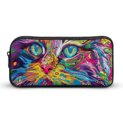 Rkklvbns Großes Federmäppchen mit psychedelischer Katze, tragbares Federmäppchen mit Reißverschluss, Schreibwaren-Organizer, einfache Aufbewahrung, ästhetische Schreibwaren für Büro, Uni, Erwachsene von Rkklvbns