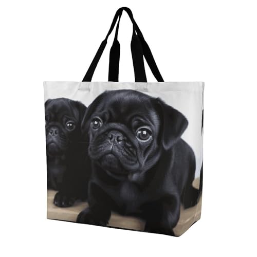 Rkklvbns Süße schwarze Mops-Damen-Tragetasche, Schultertasche, Einkaufstasche, tragbare Aufbewahrungstasche, Handtasche, leicht, langlebig, für Arbeit, Reisen, Freizeittasche Rkklvbns Süße schwarze Mops-Damen-Tragetasche, Schultertasche, Einkaufstasche, tragbare Aufbewahrungstasche, Handtasche, leicht, langlebig, für Arbeit, Reisen, Freizeittasche von Rkklvbns