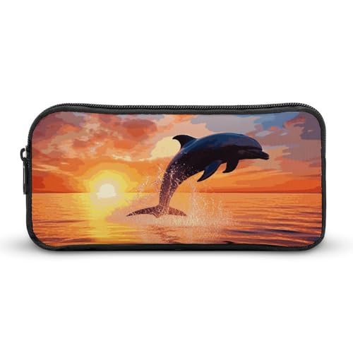 Rkklvbns Sunset Delphin Großes Federmäppchen, tragbares Federmäppchen mit Reißverschluss, Schreibwaren-Organizer, einfache Aufbewahrung, ästhetische Schreibwaren für Büro, Uni, Erwachsene von Rkklvbns
