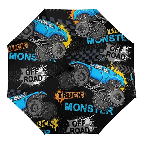 Monster Truck Auto-Regenschirm, winddicht, kompakt, Reise-Regenschirme, automatisches Öffnen/Schließen, zusammenklappbar, Sonnen- und Regenschirme, schwarz, Auto-Tragbarer Regenschirm von Rnivry