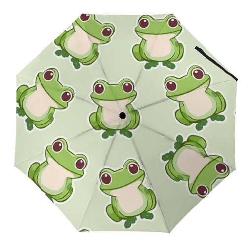 Rnivry Niedlicher Frosch-Reise-Regenschirm, winddicht, kompakt, zusammenklappbar, automatisches Öffnen/Schließen, Sonnen- und Regenschirme, grün, zusammenklappbar, Auto tragbar von Rnivry
