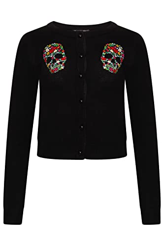 Ro Rox Dee Dee Strickjacke Gotisch Blumen Schädel Stickerei Strick Langarm - Schwarz - 3XL von Ro Rox