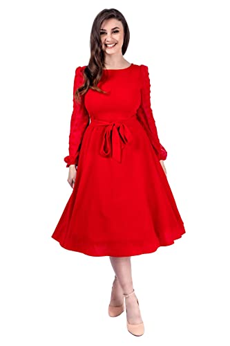 Ro Rox Delilah Pom Pom Retro Vintage Langarm Swing Midikleid Süß Elegant, rot, L von Ro Rox