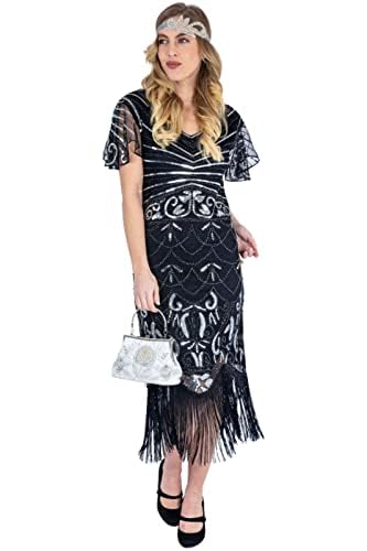 Ro Rox 1920er Abendklied Cocktailkleid Ballkleider Kleid Flapper Damen Gabrielle Great Gatsby Party Vintage Retro, Schwarz & Silber, S von Ro Rox