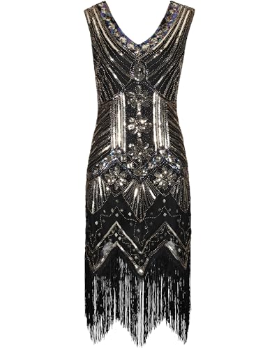 Ro Rox 1920er Abendkleid Kleid Flapper Lang Sommerkleid Vintage Gloria Cocktailkleid Damen Great Gatsby Retro, Schwarz & Gold, L von Ro Rox