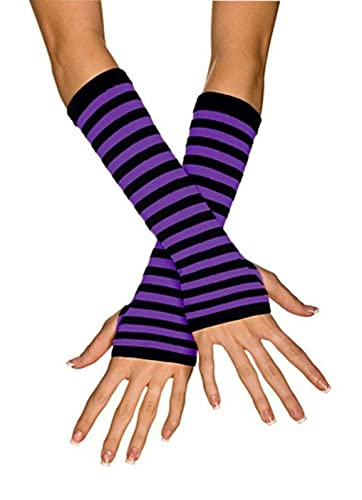 Ro Rox Gotisch Gestreifte Armstulpen Fingerlose Daumenloch-Ellenbogenhandschuhe Gestrickte Punk, Violett, Einheitsgröße von Ro Rox