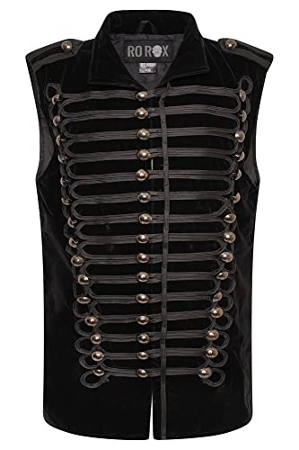 Ro Rox Herren Goth Samt Ärmellose Jacke Uniform Militärparade - Schwarz (XS) von Ro Rox