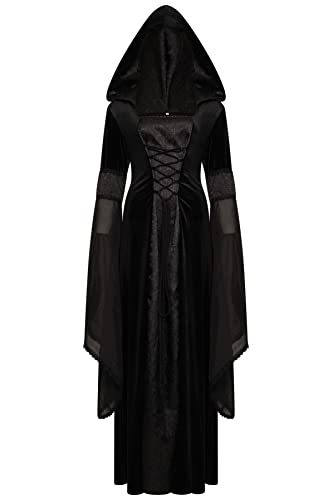 Ro Rox Lucinda Kleid Mittelalterliche Kapuze Renaissance Langarm Sexy Maxi Gotisch Tunika, Schwarz, 5XL von Ro Rox