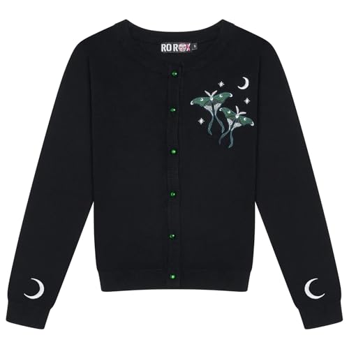Ro Rox Luna Moth Cardigan – Gothic-Strickmode, Mond- und Mottenstickerei, Langarm, Schwarz, XL von Ro Rox
