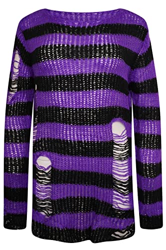 Ro Rox RYOT Pullover Betrubt ubergrober Grobstrick Gotisch 90er Grunge Breitstreifen, Violett von Ro Rox