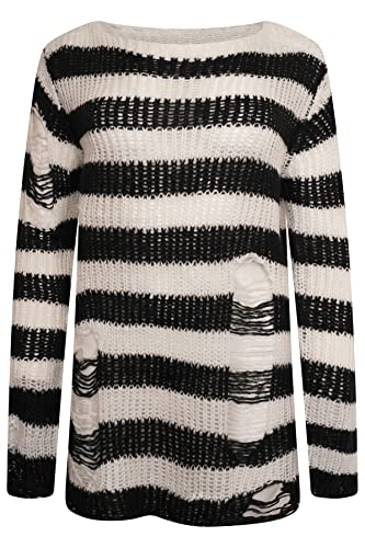 Ro Rox RYOT Pullover Betrubt ubergrober Grobstrick Gotisch 90er Grunge Breitstreifen, White von Ro Rox