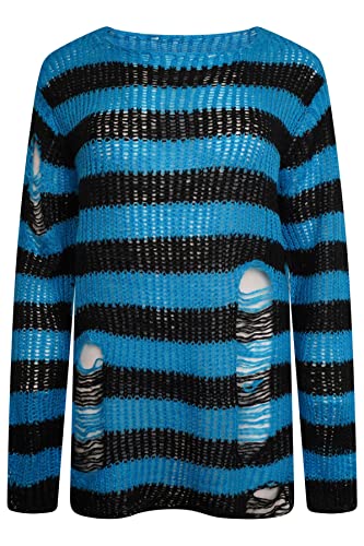 Ro Rox RYOT Pullover Betrubt ubergrober Grobstrick Gotisch Breitstreifen, Blau von Ro Rox