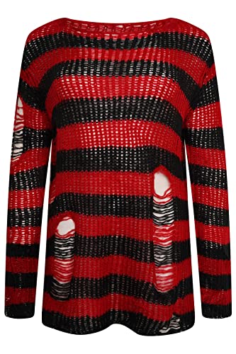 Ro Rox RYOT Pullover Betrubt ubergrober Grobstrick Gotisch Breitstreifen, Rot von Ro Rox