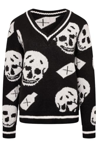 Ro Rox Skull Poizon Pullover Gotisch Halloween Gestrickter V-Ausschnitt Streifen, Schwarz, XXL von Ro Rox