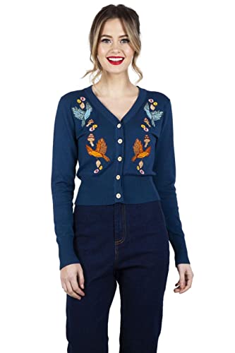 Voodoo Vixen Ginny Woodland 1940er Strickjacke Retro Vintage Vögel Niedlicher Kitsch, Blau, S von Ro Rox