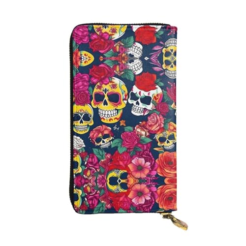 RoMuka Sugar And Skulls And Flowers Leather Long Handheld Wallet Card Bag For Credit Card Cash Coin Storage, Schwarz, Einheitsgröße von RoMuka