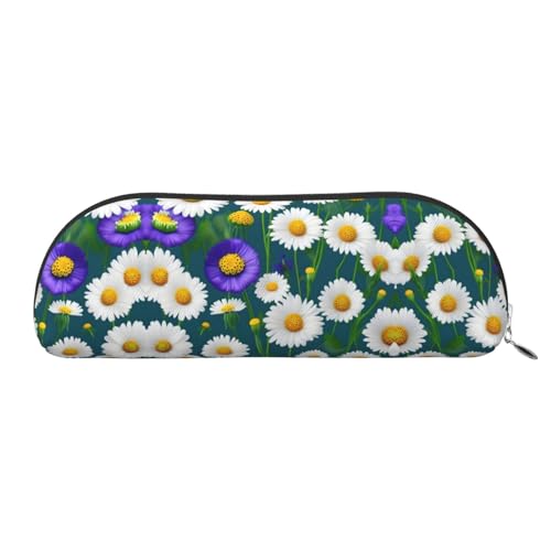 RoMuka Wilde Blumen Und Gänseblümchen Leder Halbe Runde Aufbewahrungstasche Schreibwaren Tasche Make-up Tasche Geldbörse Aufbewahrungstasche, silber, One Size, Aufbewahrungstasche, silberfarben, One von RoMuka