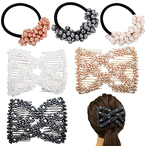 Haarkamm Elastisch,RoadLoo 6 Stücke Perlen Haarkämme Haarspangen Dehnbar Kamm Doppel Clips Dehnbar Doppel Haar Klammern Haarschmuck Elastische Kamm Haarschmuck für Damen Mädchen Hair Comb DIY Haar von RoadLoo