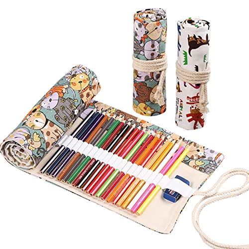 RoadLoo Leinwand Stifterolle, 2 Stück 48 Löcher Canvas Pencil Bag Stifterolle Leinwand Pencil Buntstifte Federmäppchen Tragbar Tier Federmäppchen Kasten Bleistifthalter Pencil Wrap Roll up Holder von RoadLoo