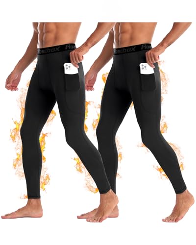 Roadbox 2er Pack Herren Thermounterwäsche Hose, Kompressionslanghosen Wärmende Thermohosen mit Innenfleece, Sportliche Funktionsunterwäsche Laufleggings mit Taschen von Roadbox