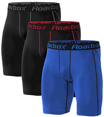 Roadbox 3er Pack Herren Kompressionsshorts, Schnelltrocknendes Baselayer Unterhose Tights Kurz Hose Laufunterwäsche 3XL 3er Pack: Schwarz, Schwarz (Roter Streifen), Blau von Roadbox