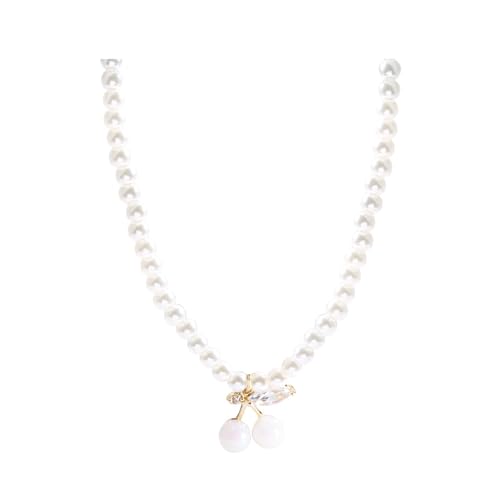 Leichte Perlenkette, süßer Kirschanhänger mit glänzenden Strasssteinen, verstellbare verlängerte Kette, Damen-Kunstperle Golden von Roadoor