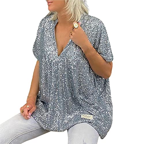 Pailletten-Oberteil, V-Ausschnitt, Kurzarm, sexy Hemd, Pailletten-Tops für Frauen, locker, glitzernder Oberteil für Frauen, Club, Damen, Oberteile, elegante Oberteile, Partykleidung, Grau, 5XL von Roadoor