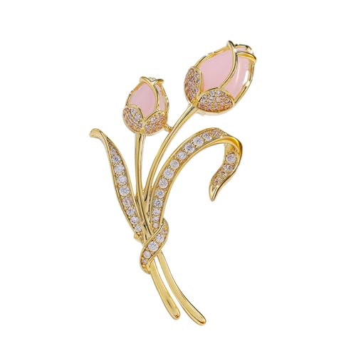 Tulpenbrosche, rostfreie Brosche für Damen, elegante Brosche in Tulpenform, glänzende Strasssteine, eingelegte Anstecknadel für Anzugkragen, Schal, Schal, Kostümzubehör Rosa von Roadoor