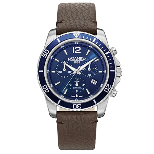 Roamer Nautic Chrono 100 analoge Quarzuhr Leder 862837, Silber/Blau/Blau -862837 41 45 02, Gurt von Roamer