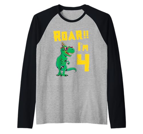 Niedlicher Dinosaurier zum 4. Geburtstag Jungen Dino Party Roar I'm 4 T Rex Raglan von Roar Dinosaur Birthday Boys Love Dinos Son T-Rex