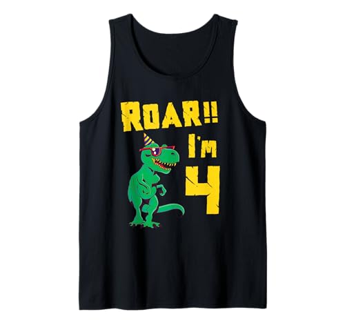 Niedlicher Dinosaurier zum 4. Geburtstag Jungen Dino Party Roar I'm 4 T Rex Tank Top von Roar Dinosaur Birthday Boys Love Dinos Son T-Rex