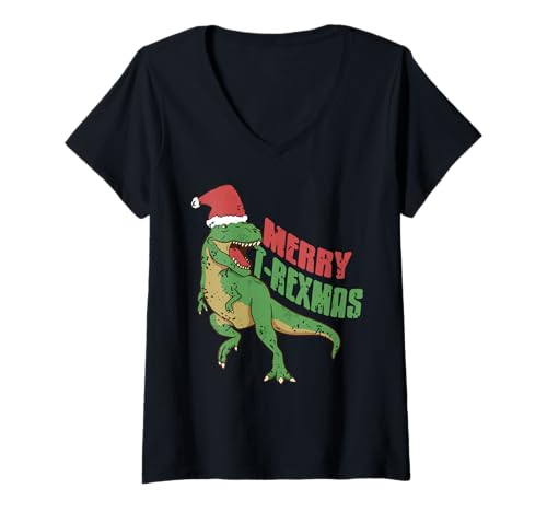 Damen Fröhliche T-Rexmas Lustiger Dino-Weihnachtshumor T-Shirt mit V-Ausschnitt von Roarender Festtags-Echsenwitz für Dinofans