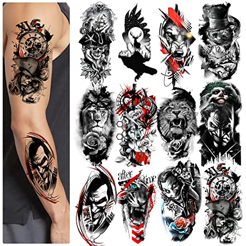 12 Stück temporäre Tattoo-Ärmel für Arme, temporäre Tattoos für Männer und Frauen, große Tattoos, wasserdicht und langlebig, Löwen-Wolf-Piraten-Tattoos von Roarhowl