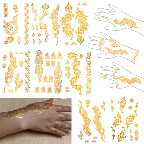 65 Designs, Metallic Gold temporäre Tattoos, bunte Gold Glitzer Tattoos, Floral Style Body Art Aufkleber, Schöne Hand temporäre Tattoo für Frauen, 8 große Blätter (gold glitter-1) von Roarhowl