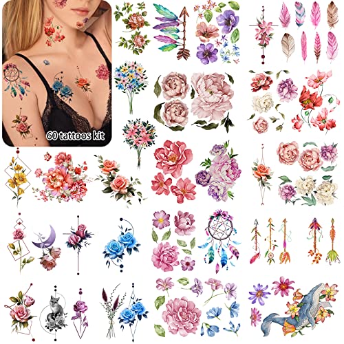 Damen Temporäre Tattoos - Farbige Gefälschte Tattoos für Mädchen und Frauen - Klebrige Bunte Blumen, Aquarell Kreativität | Mehr als 60-Musterkombinationen von Roarhowl