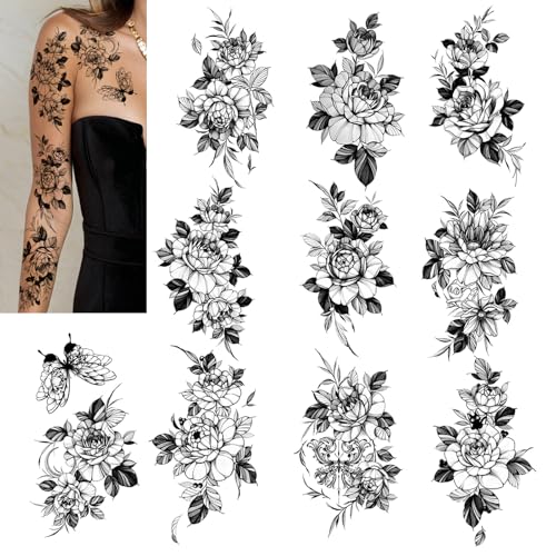 Temporäre Tattoo-Aufkleber, Rosen-Design in Schwarz und Weiß, 10 Blätter, Ärmel für Damen,Temporäre Tätowierungen für Erwachsene, von Roarhowl