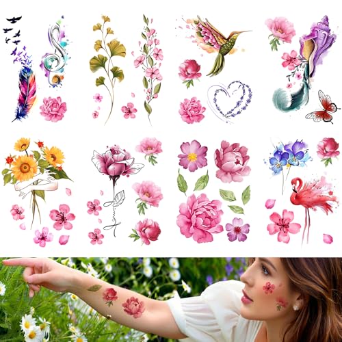 Temporäre Tattoos, Schwarze Rosen und Bunte Blumen Design, Aufkleber für Frauen (farbenfroh) von Roarhowl