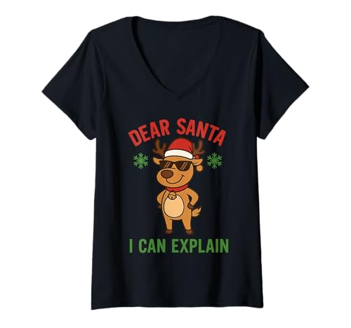Damen Christmas Dear Santa I Can Explain Mischievous Rentier T-Shirt mit V-Ausschnitt von Roarin' Tees