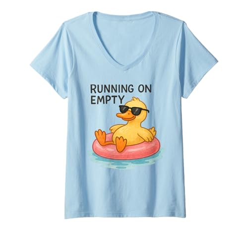 Damen Laufen auf leerem lustigem Lazy Summer Vibes Cartoon-Poolwagen T-Shirt mit V-Ausschnitt von Roarin' Tees