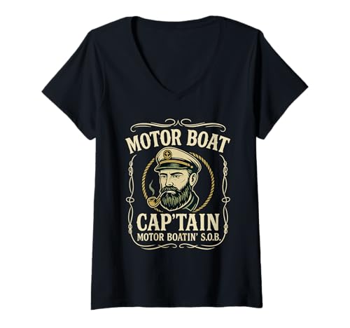 Damen Motorboot Kapitän Bootfahren Motor Boot See lustig T-Shirt mit V-Ausschnitt von Roarin' Tees