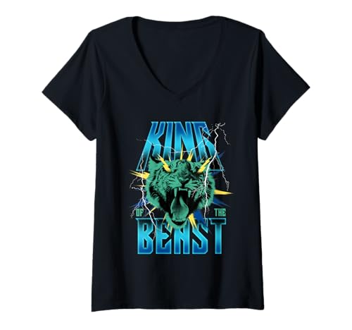 Damen Tiger King of The Beast Power entfesselt T-Shirt mit V-Ausschnitt von Roaring Jungle Tiger King Fierce Beast