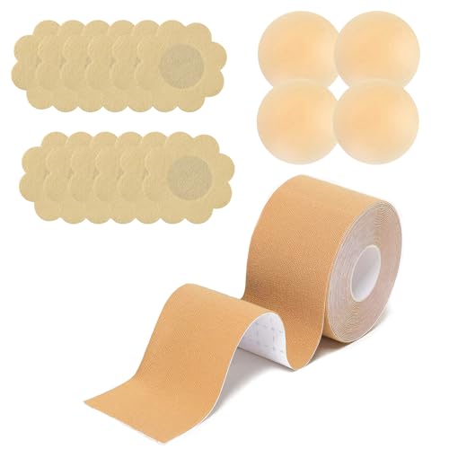 Klebe BH Push-Up Große Brust Boob Tape Fashion Body Tape Brust 5cm X 5m Mit 4 Wiederverwendbare Unsichtbar Silikon Brüste Nippelpads Für Körbchengrößen A-E von RobLuX