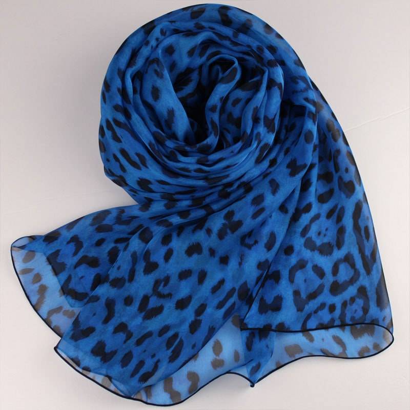 Blauer Seiden Chiffon Schal Mit Leoparden Muster - Leopard Bedruckter Tier Seidenschal-As66 von RobePlus
