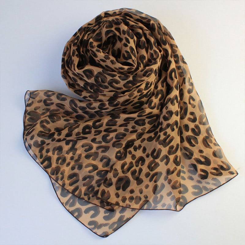 Brauner Seiden Chiffon Schal Mit Leoparden Muster - Leopard Bedruckter Seidenschal Tierdruck As43 von RobePlus