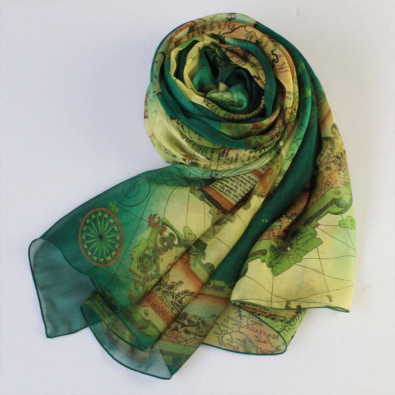 Dunkelgrüner Seiden-Chiffon-Schal Mit Map Print - Grüner Maulbeerseiden-Schal As38 von RobePlus