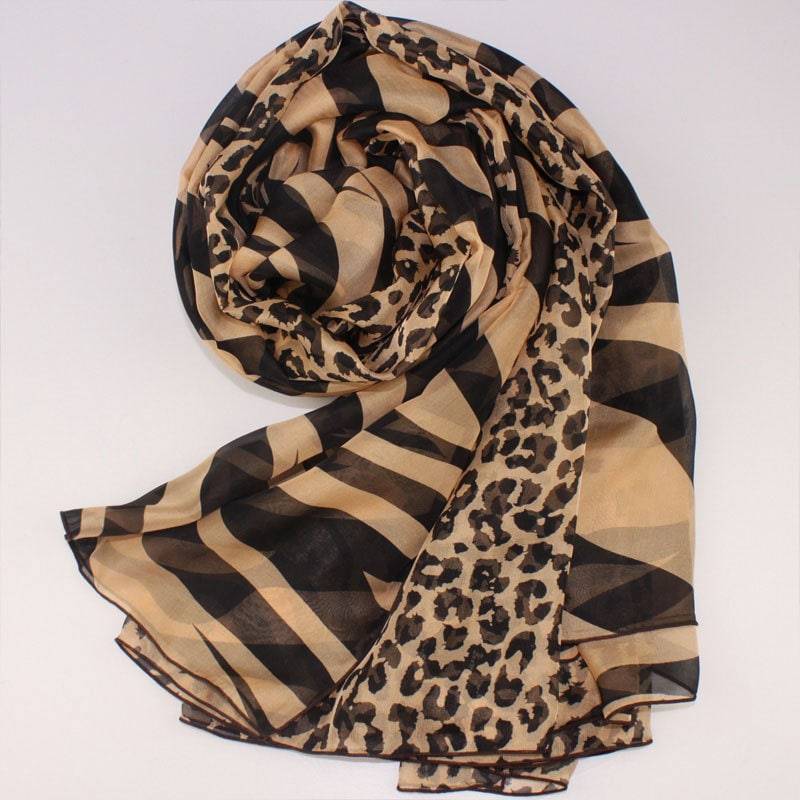 Leopard Und Zebra Gedruckt Seide Chiffon Schal - Braun Mit Print Tier As64 von RobePlus