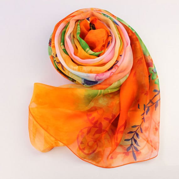 Orangefarbener Seidenschal Mit Blumendruck - Seiden-Chiffon-Schal Grüner Blumenbedruckter As70 von RobePlus