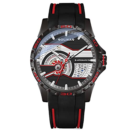 RobertDTesta Automatische Mechanische Sportuhren Für Männer, Modische Doppelseitige Skelettierte Mechanische Freizeituhren Mit Leuchtdioden,Black case red von RobertDTesta