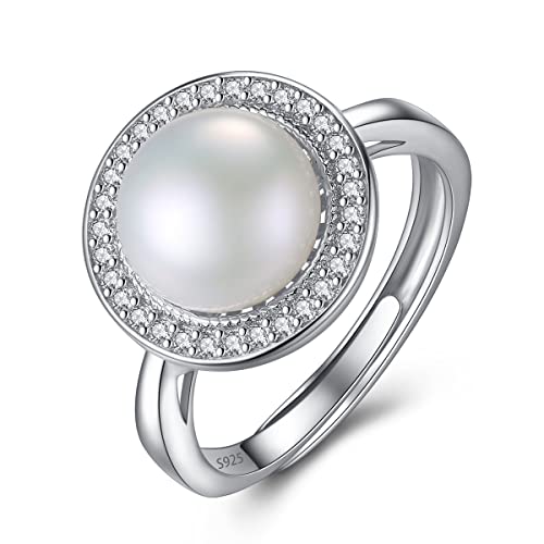 RobertDTesta Solitär-Perlenring Für Damen, S925-Silberring Microset Zirkon 9-9,5 Mm Silber-Süßwasserperlen-Scheibenring,Silber,7 von RobertDTesta